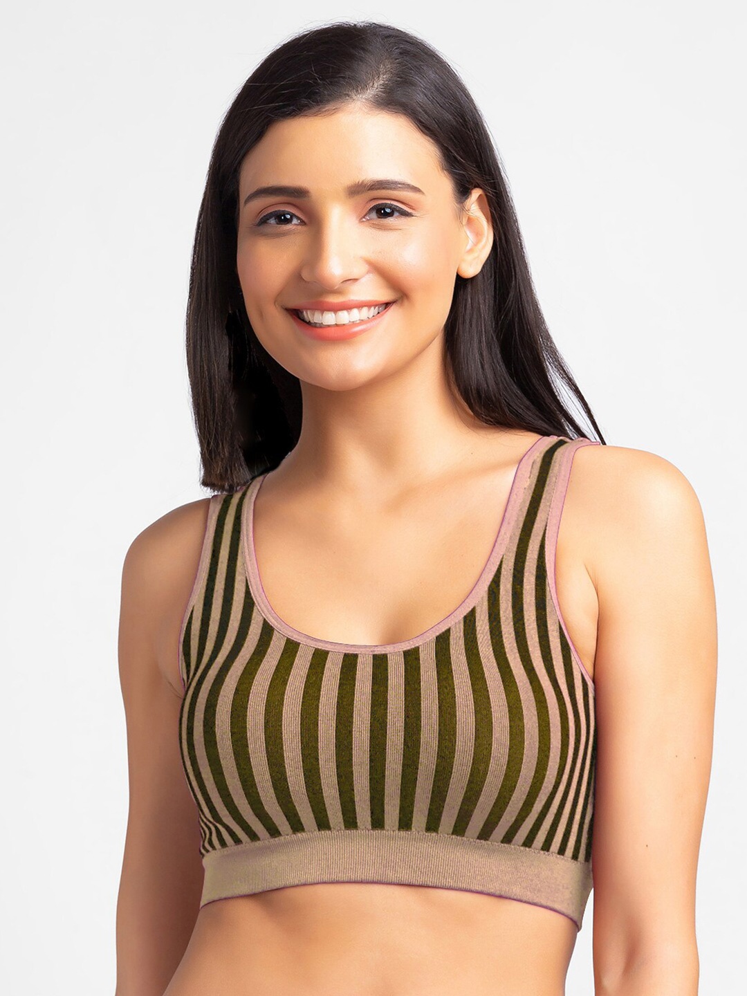 

FashionRack Striped Removable Padding Non Wired Anti Odour Cotton Sports Bra, Beige