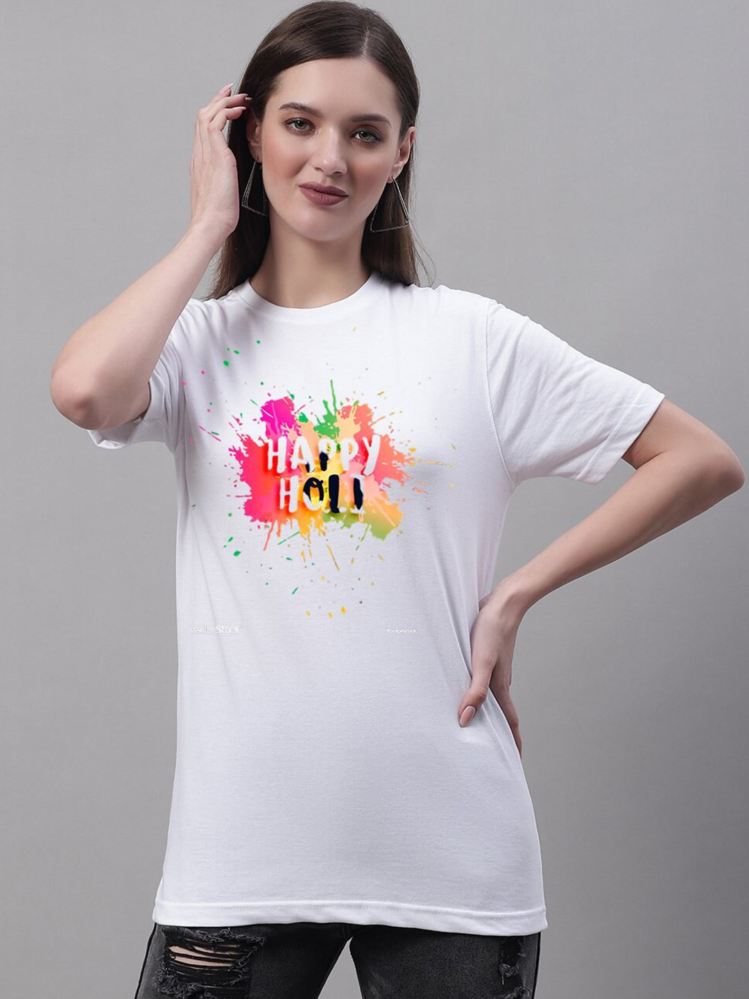 

Miaz Lifestyle Holi Printed Pure Cotton T-shirt, White