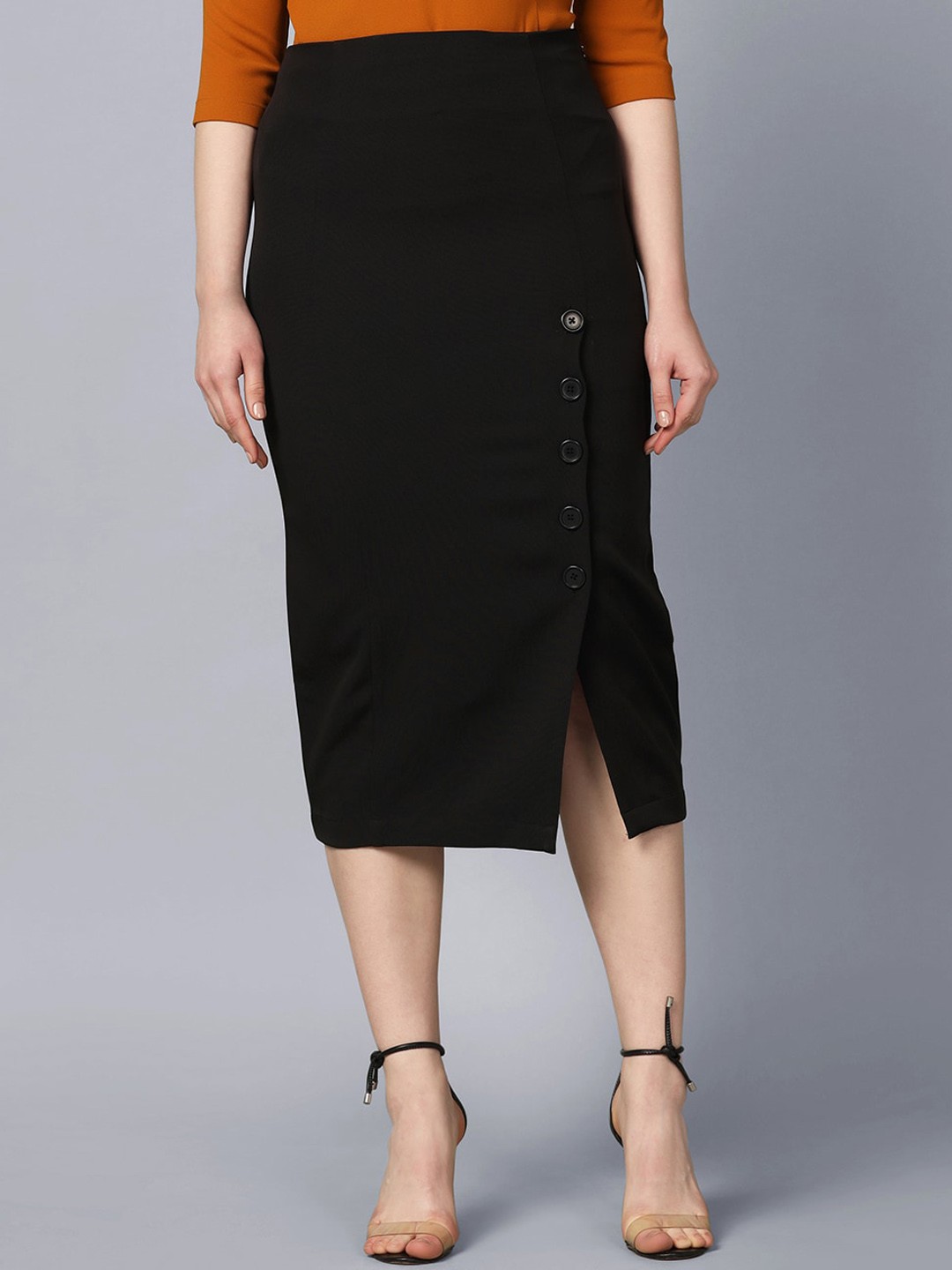 

PowerSutra Stretchable Button Detail Side Slit Pencil Skirt, Black
