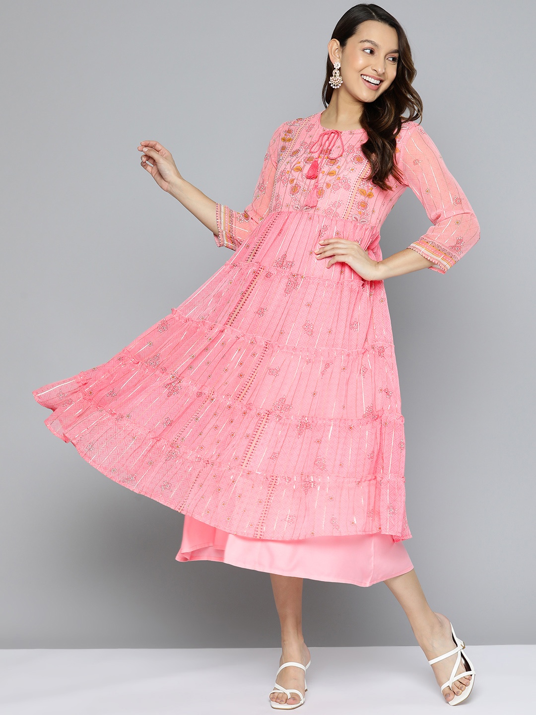 

HERE&NOW Floral Print Tie-Up Neck Tiered Midi Ethnic Dress, Pink