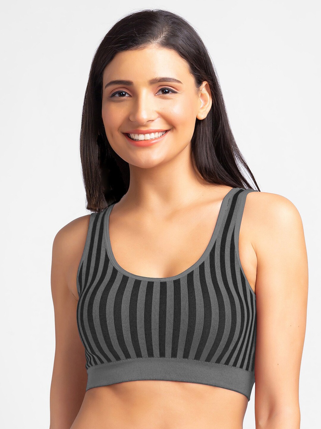 

FashionRack Striped Removable Padding Non Wired Anti Odour Cotton Sports Bra, Grey