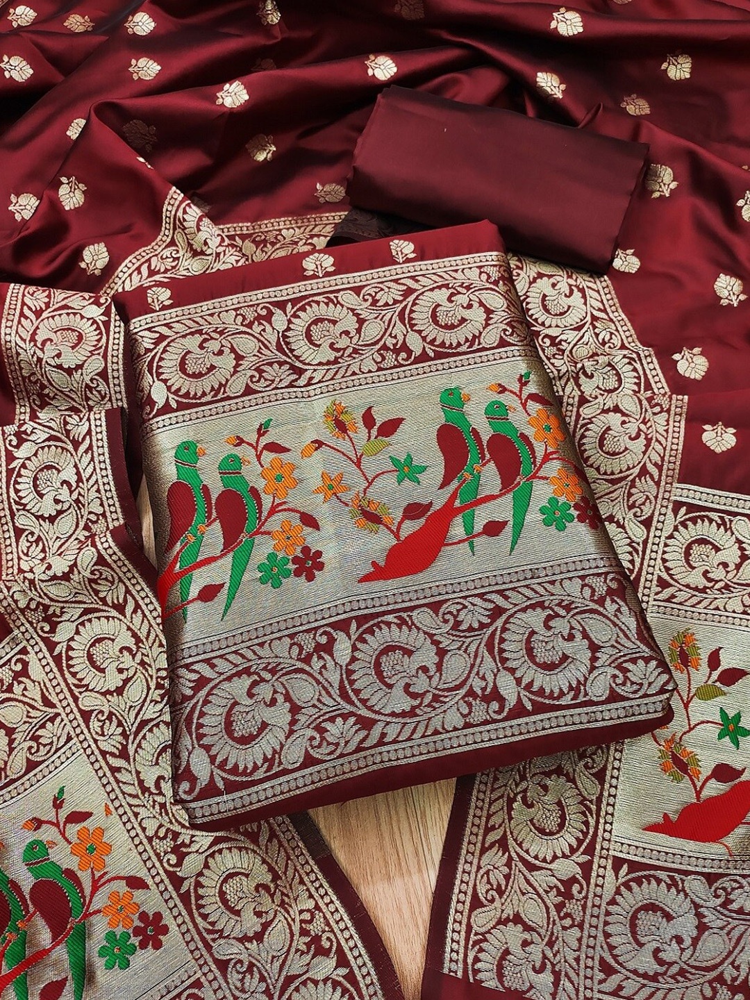 

KALINI Ethnic Motifs Embroidered Zari Unstitched Dress Material, Maroon