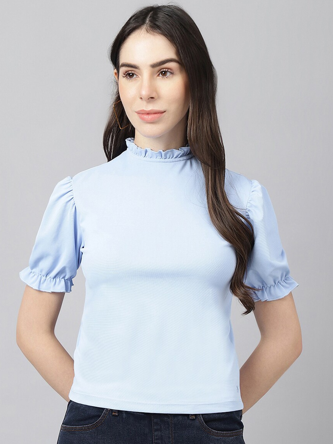 

Xpose High Neck Puff Sleeves Ruffles Top, Blue