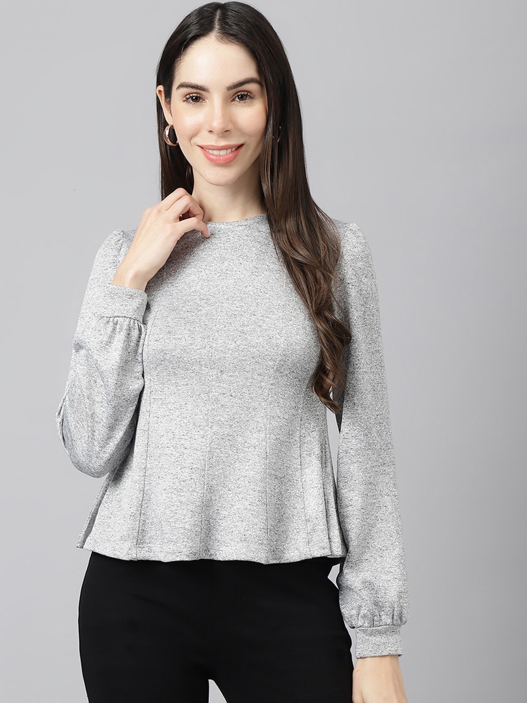 

Xpose Round Neck Puff Sleeves Peplum Top, Grey