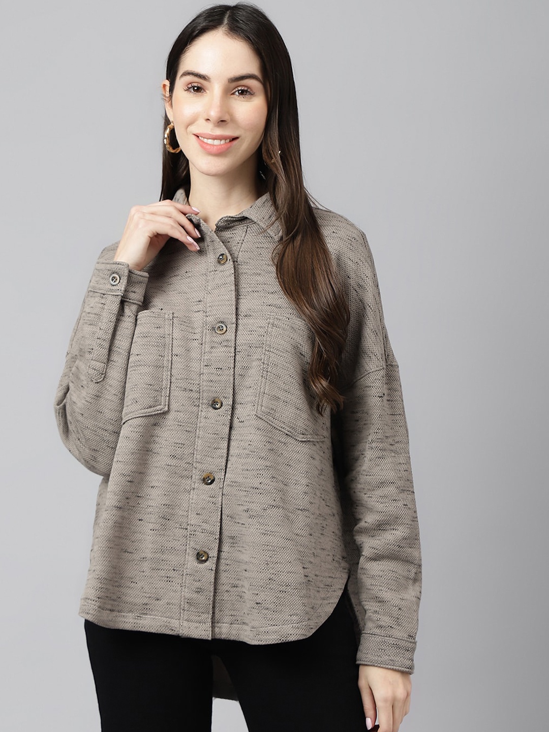 

Xpose Comfort Spread Collar Boxy Horizontal Stripes Casual Cotton Shacket Shirt, Brown