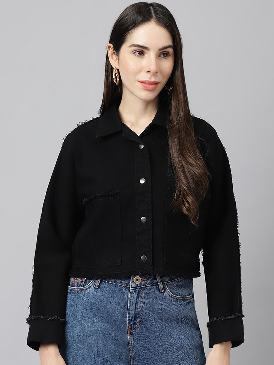 

Xpose Comfort Spread Collar Pure Cotton Denim Casual Shacket Shirt, Black