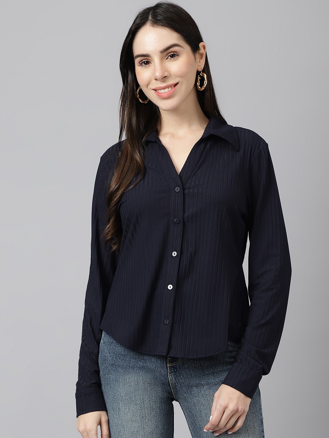 

Xpose Striped Spread Collar Casual Shirt, Navy blue
