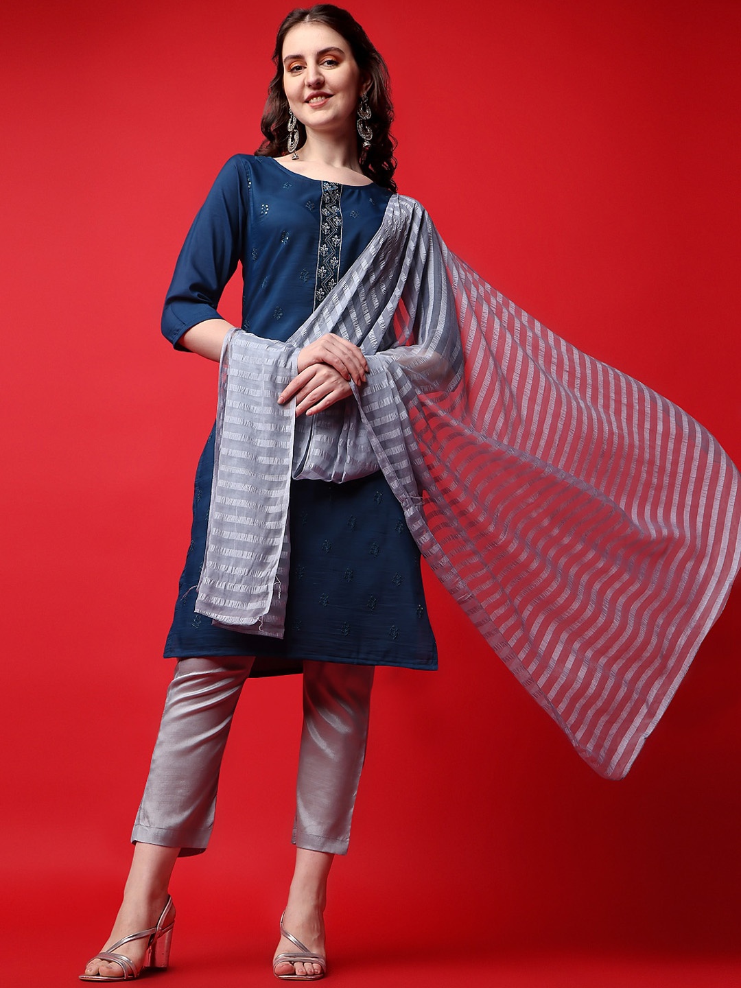 

KALINI Ethnic Motifs Embroidered Sequined Kurta with Trousers & With Dupatta, Teal