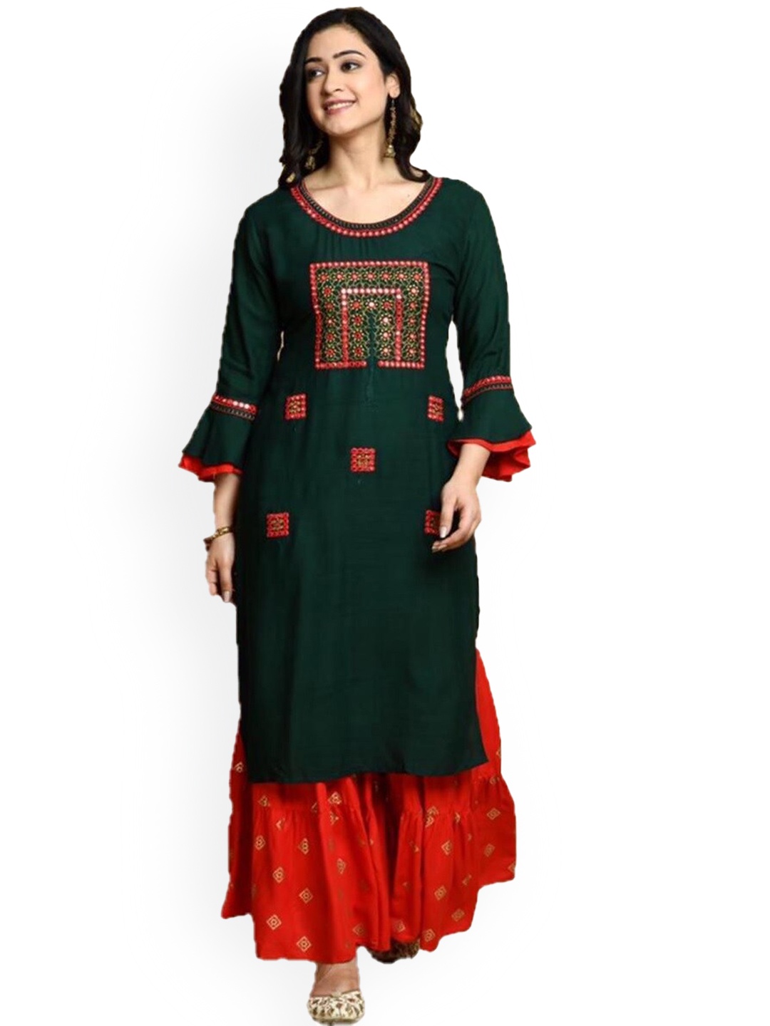 

KALINI Ethnic Motifs Embroidered Mirror Work Kurta With Sharara & Dupatta, Green
