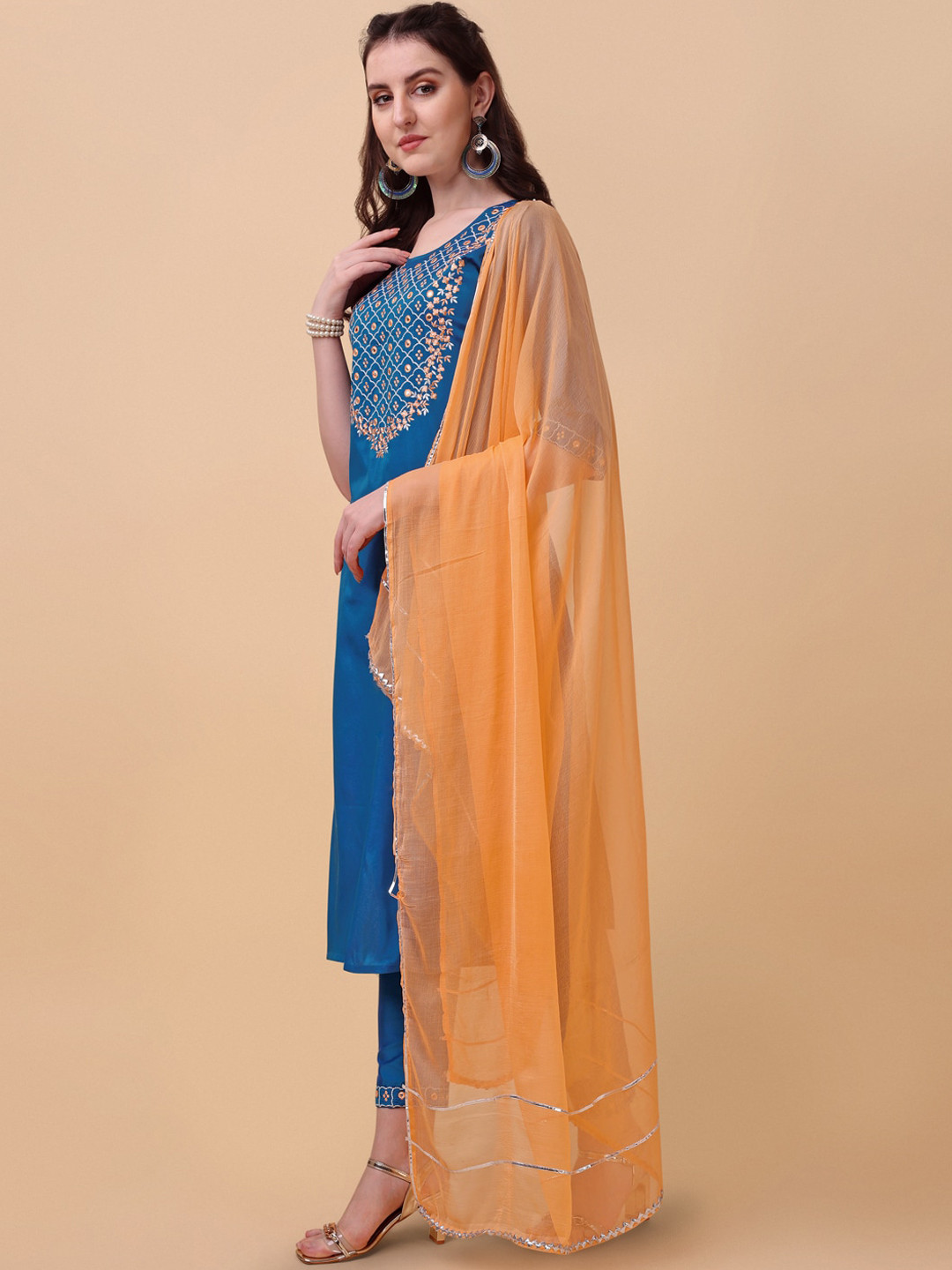 

KALINI Ethnic Motifs Embroidered Mirror Work Kurta with Trousers & Dupatta, Blue
