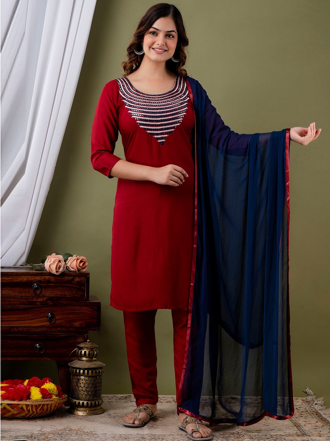 

KALINI Ethnic Motifs Yoke Design Mirror Work Kurta with Trousers & Dupatta, Red