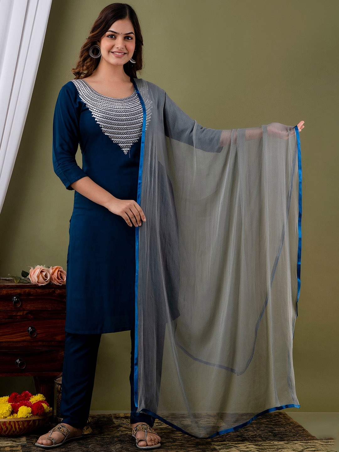 

KALINI Round Neck Mirror Work Kurta with Trousers & With Dupatta, Teal