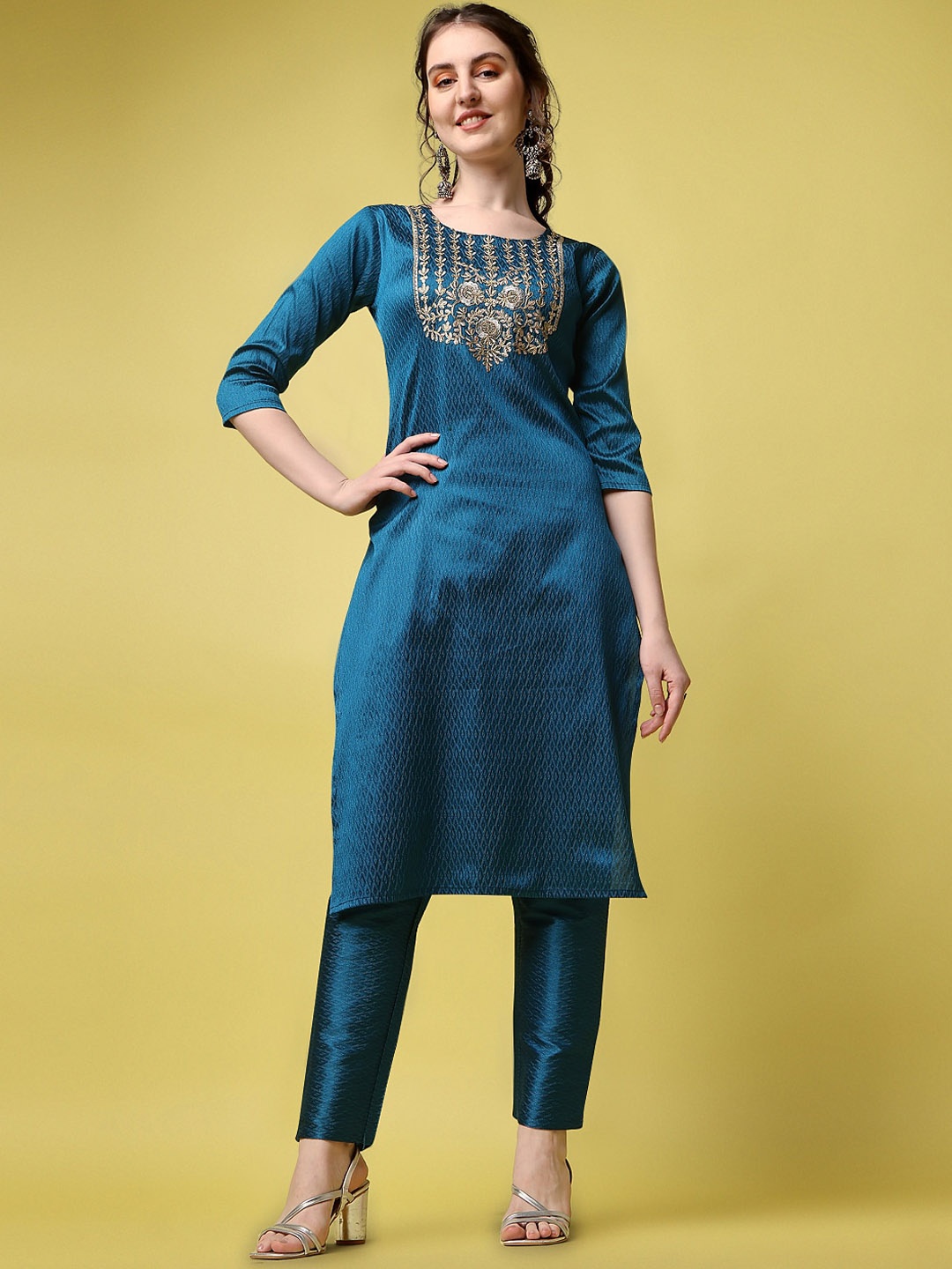 

KALINI Ethnic Motifs Embroidered Sequined Kurta with Trousers, Teal