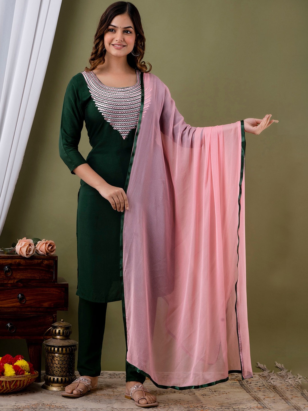 

KALINI Ethnic Motifs Yoke Design Mirror Work Kurta with Trousers & Dupatta, Green