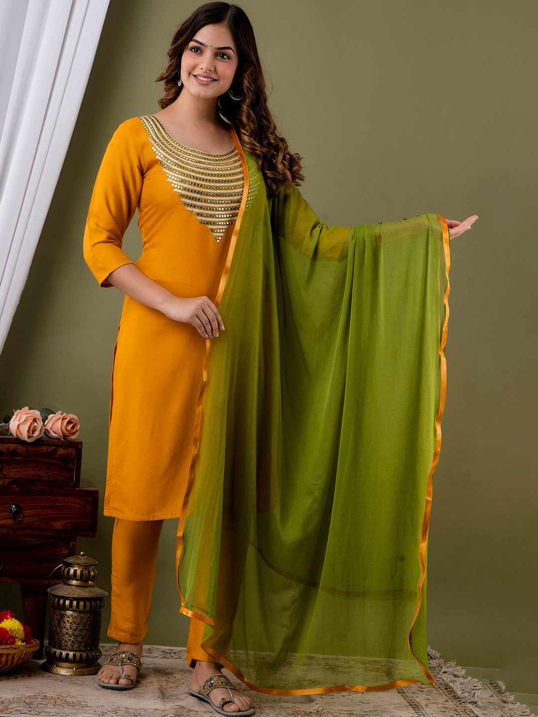 

KALINI Ethnic Motifs Yoke Design Mirror Work Kurta with Trousers & Dupatta, Yellow