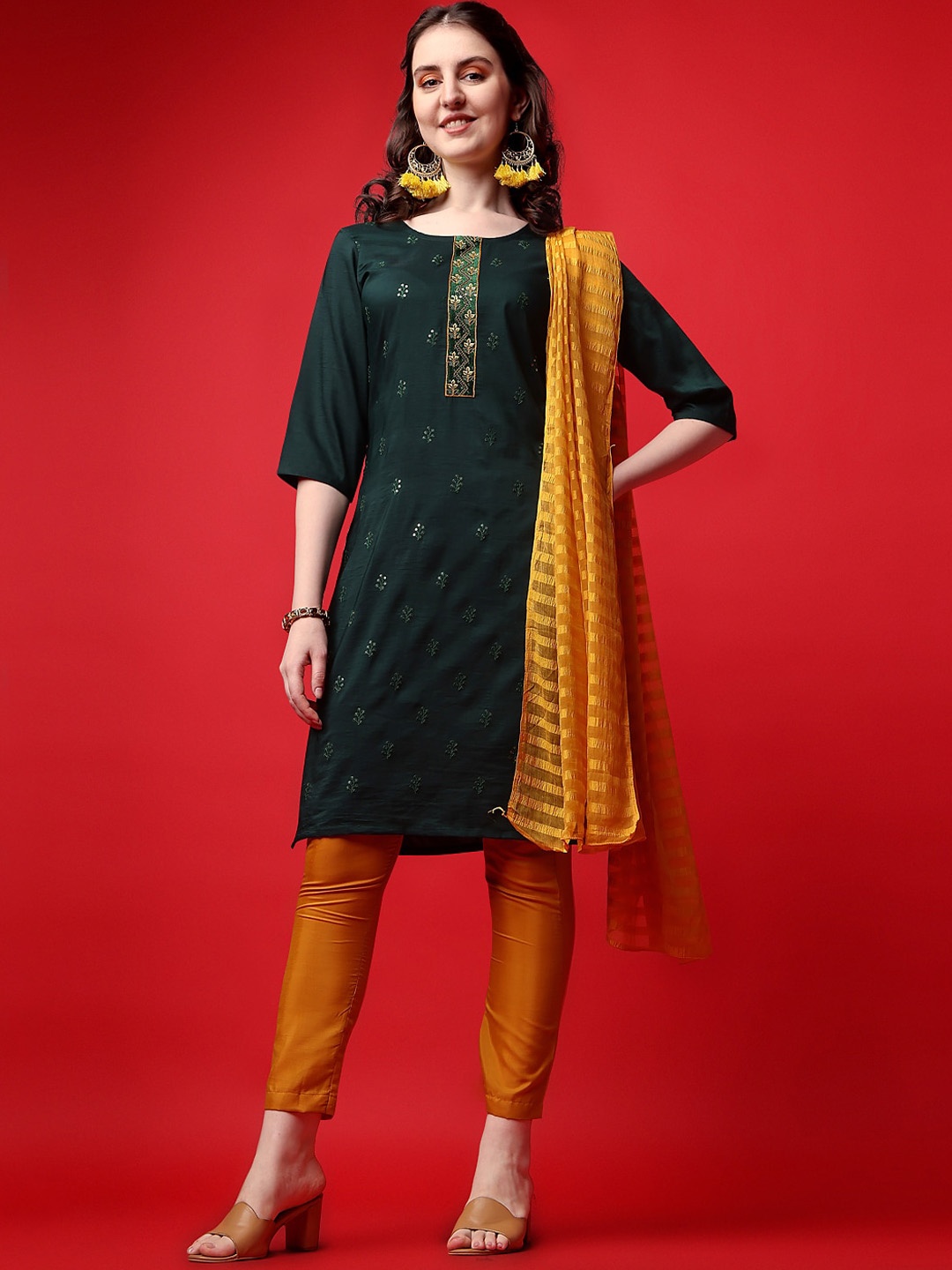 

KALINI Floral Embroidered Straight Sequined Kurta with Trousers & Dupatta, Green