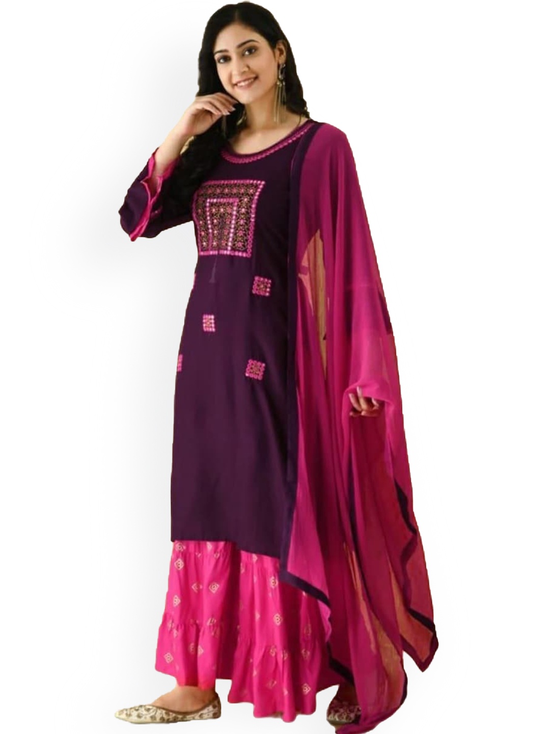 

KALINI Ethnic Motifs Embroidered Mirror Work Kurta with Sharara & With Dupatta, Purple