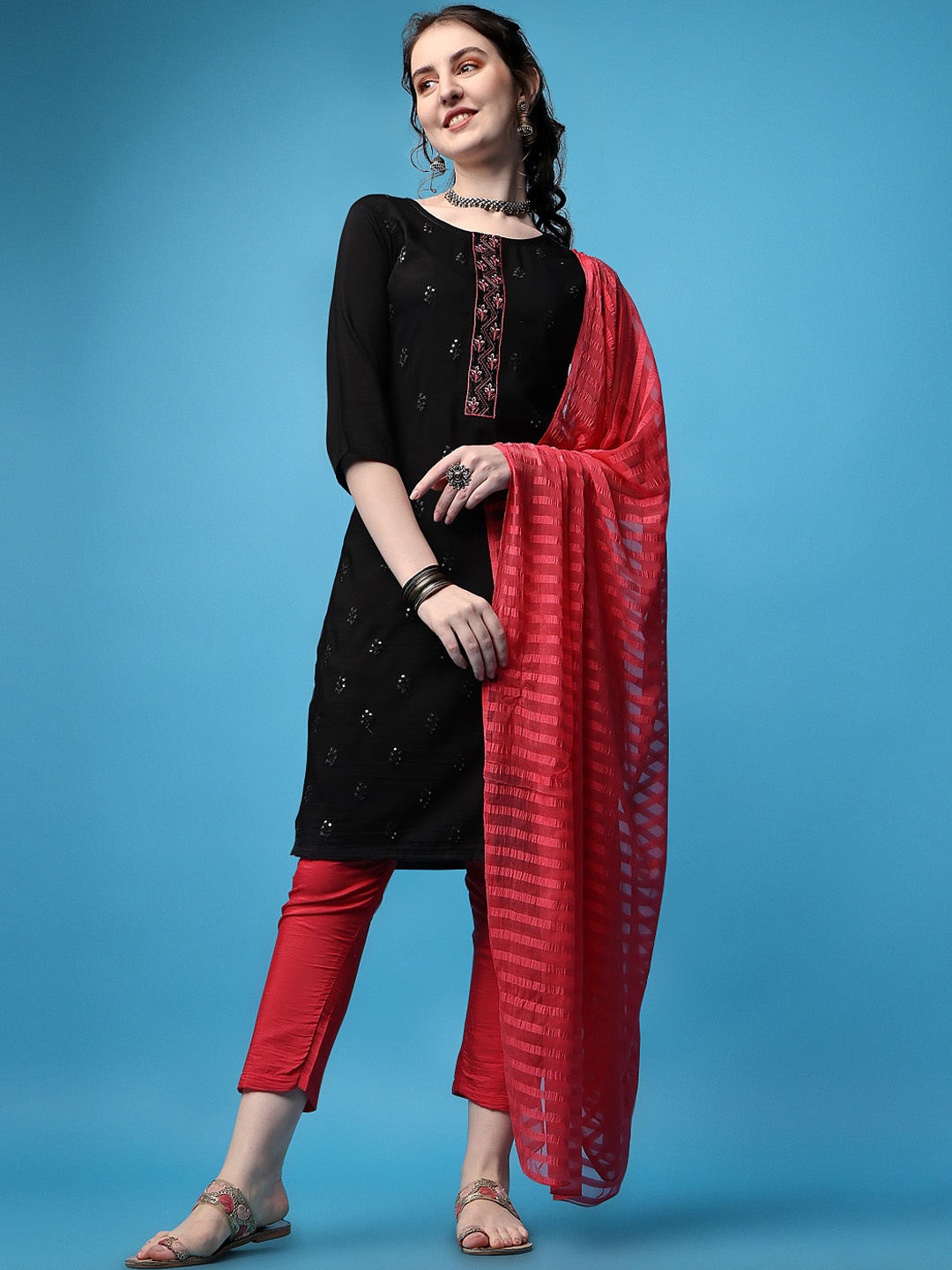 

KALINI Ethnic Motifs Embroidered Sequinned Kurta with Trousers & Dupatta, Black