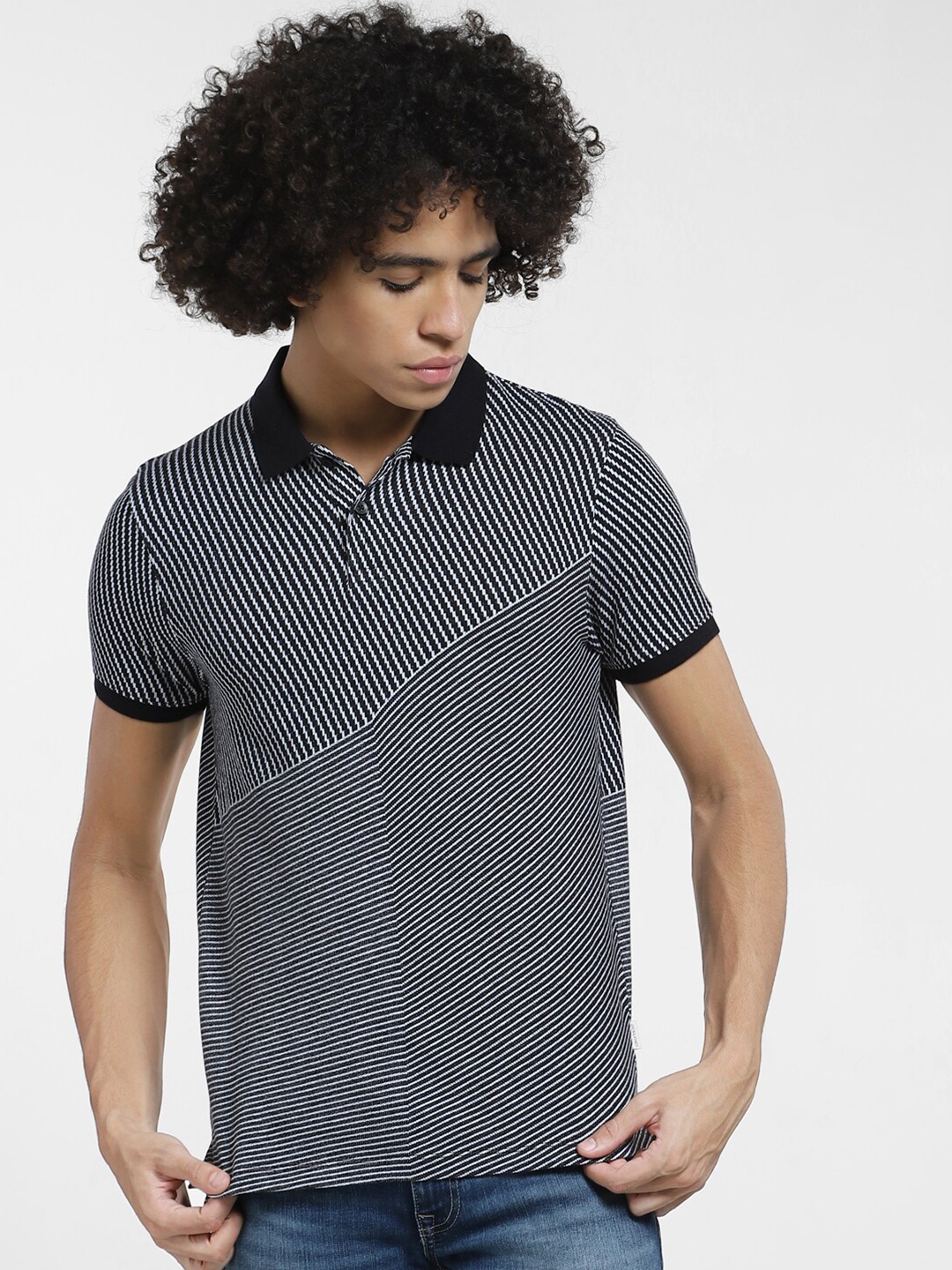 

Jack & Jones Striped Polo Collar Cotton Slim Fit T-shirt, Black