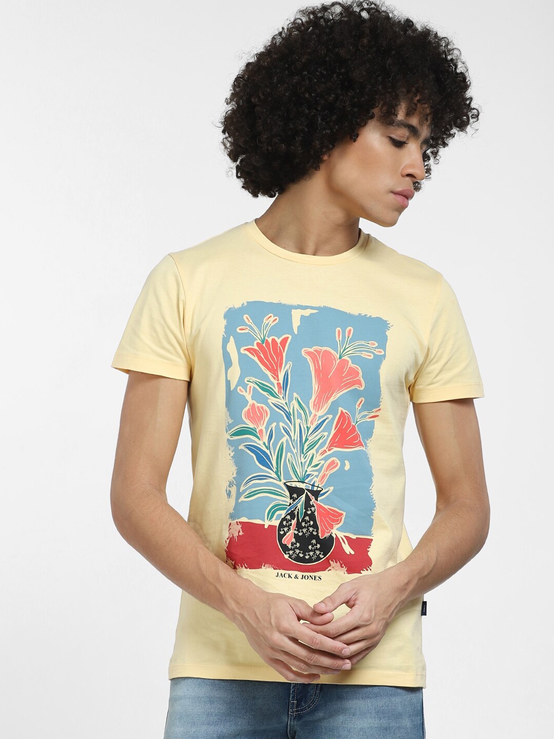 

Jack & Jones Floral Printed Slim Fit Cotton T-shirt, Beige