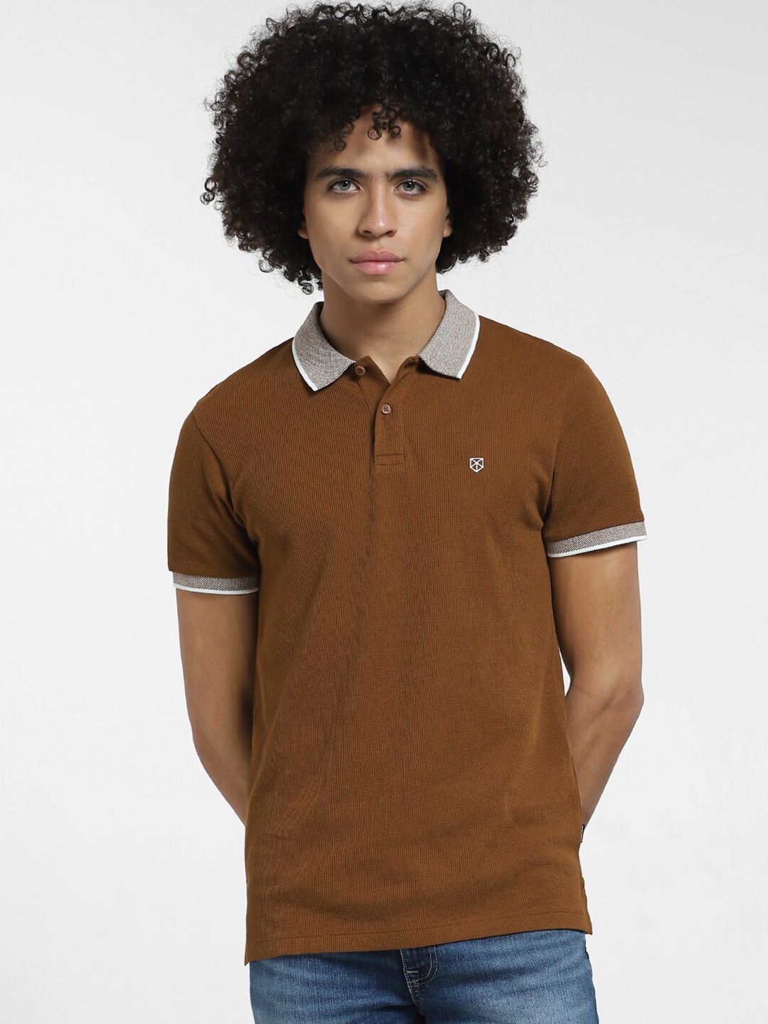 

Jack & Jones Pique Contrast Trim Polo Collar Cotton T-shirt, Brown