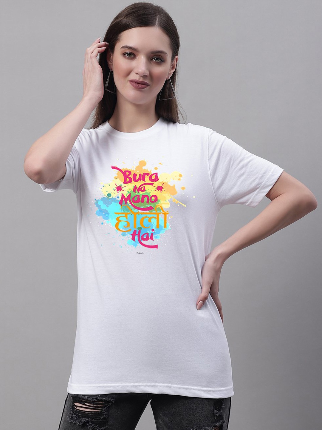 

borse lele Typography Printed Pure Cotton Holi T-shirt, White