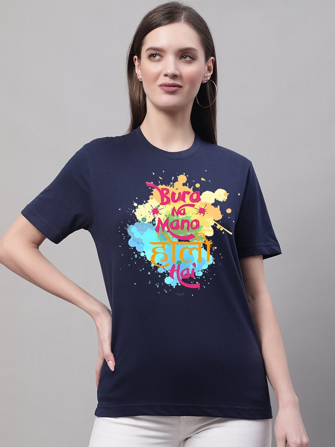 

borse lele Graphic Printed Pure Cotton Holi T-Shirt, Navy blue