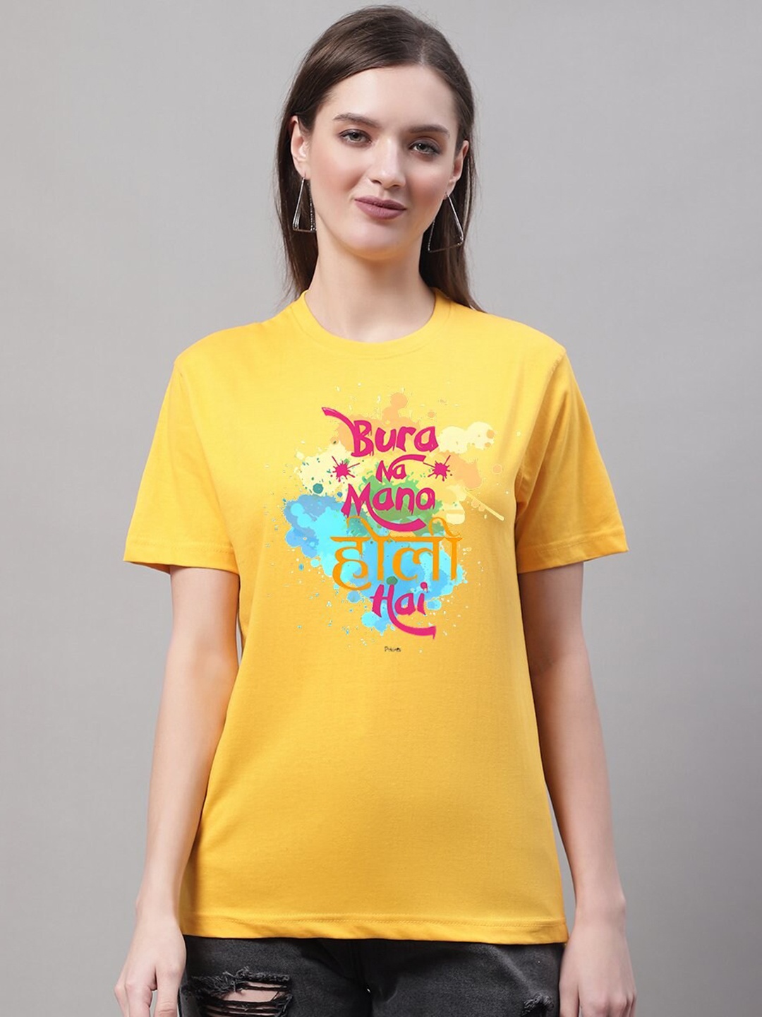 

borse lele Typography Printed Pure Cotton Holi T-shirt, Yellow