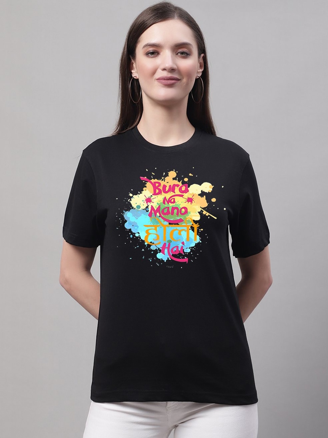 

borse lele Typography Printed Cotton Holi T-shirt, Black