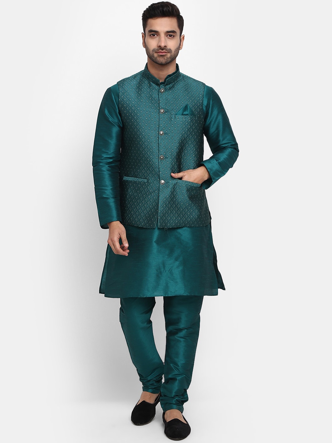 

V-Mart Mandarin Collar Pure Cotton Kurta with Churidar & Nehru Jacket, Green
