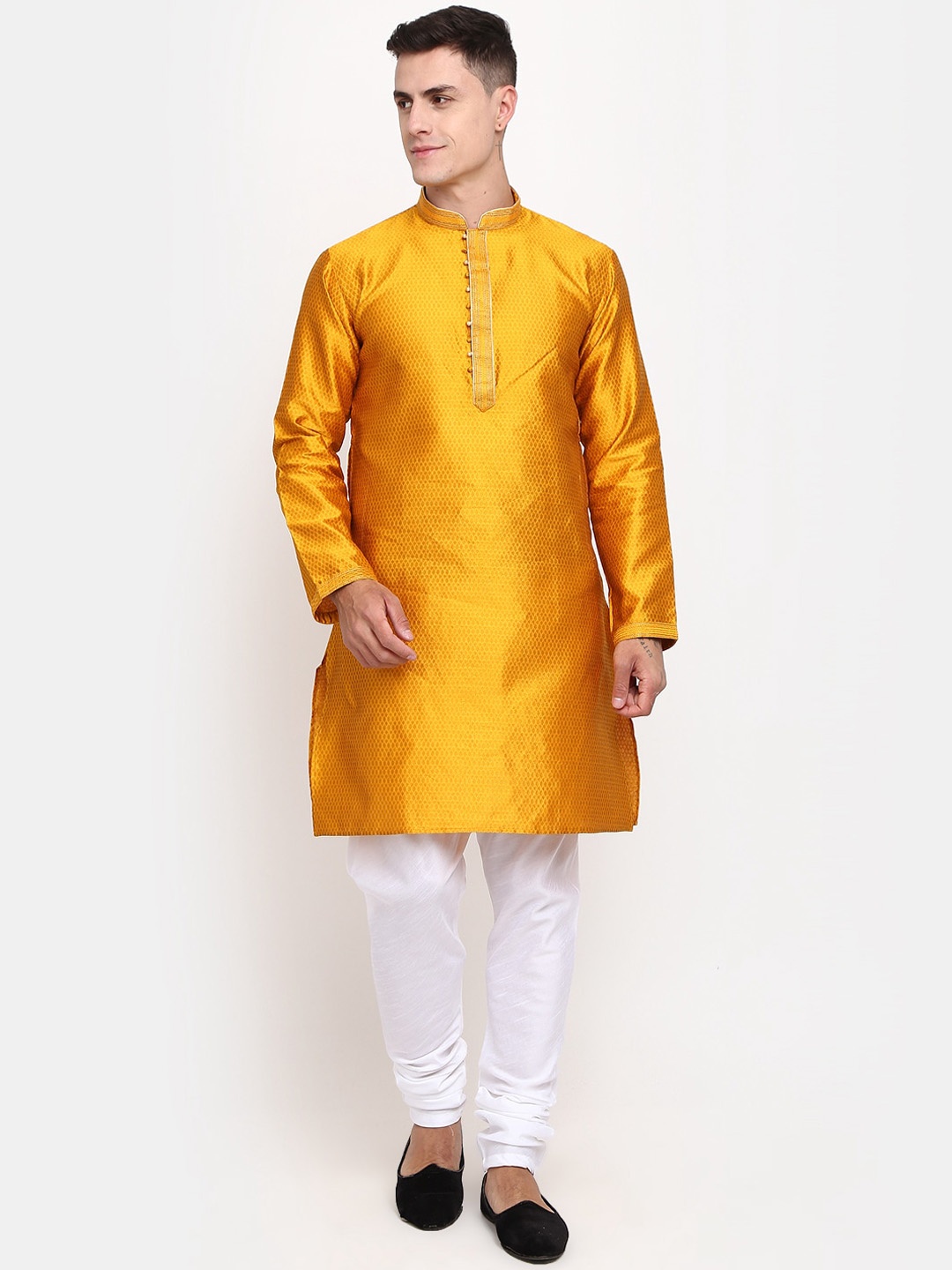 

V-Mart Ethnic Motif Woven Design Mandarin Collar Jacquard Pure Cotton Kurta with Churidar, Mustard