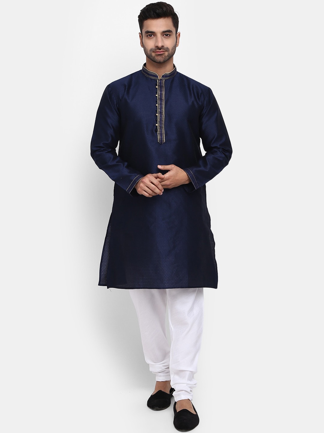 

V-Mart Woven Design Mandarin Collar Pure Cotton Kurta with Churidar, Navy blue