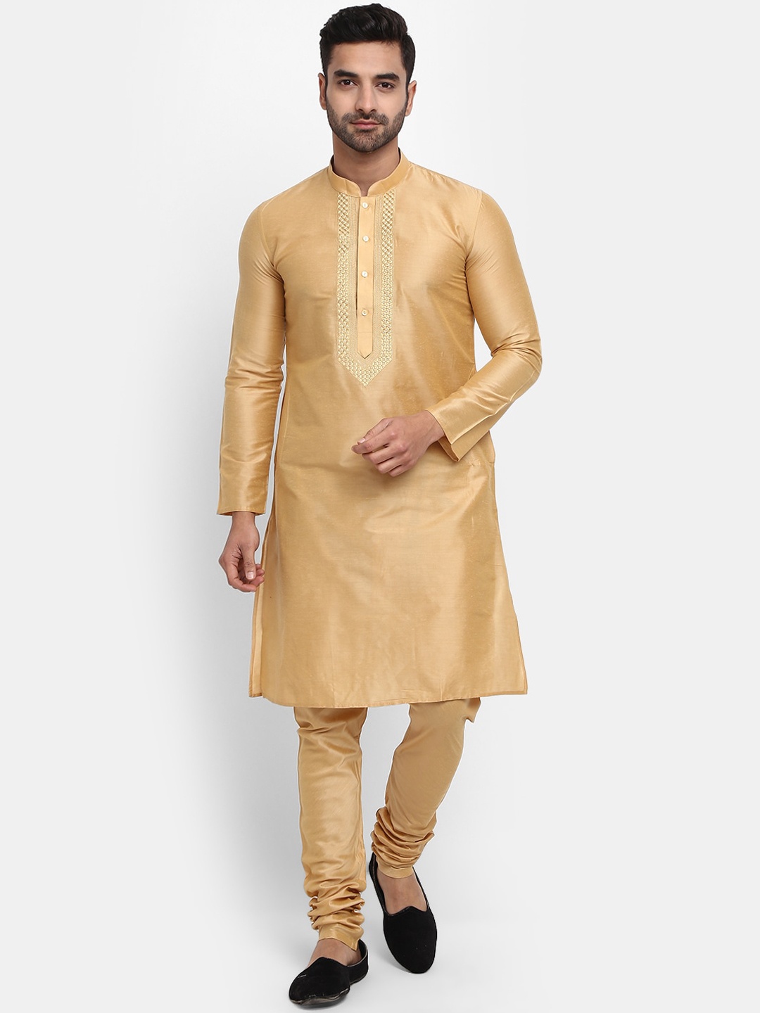 

V-Mart Mandarin Collar Jacquard Thread Work Pure Cotton Kurta with Churidar, Beige