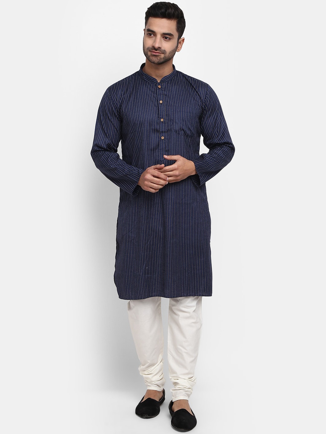 

V-Mart Striped Mandarin Collar Pure Cotton Kurta With Churidar, Navy blue