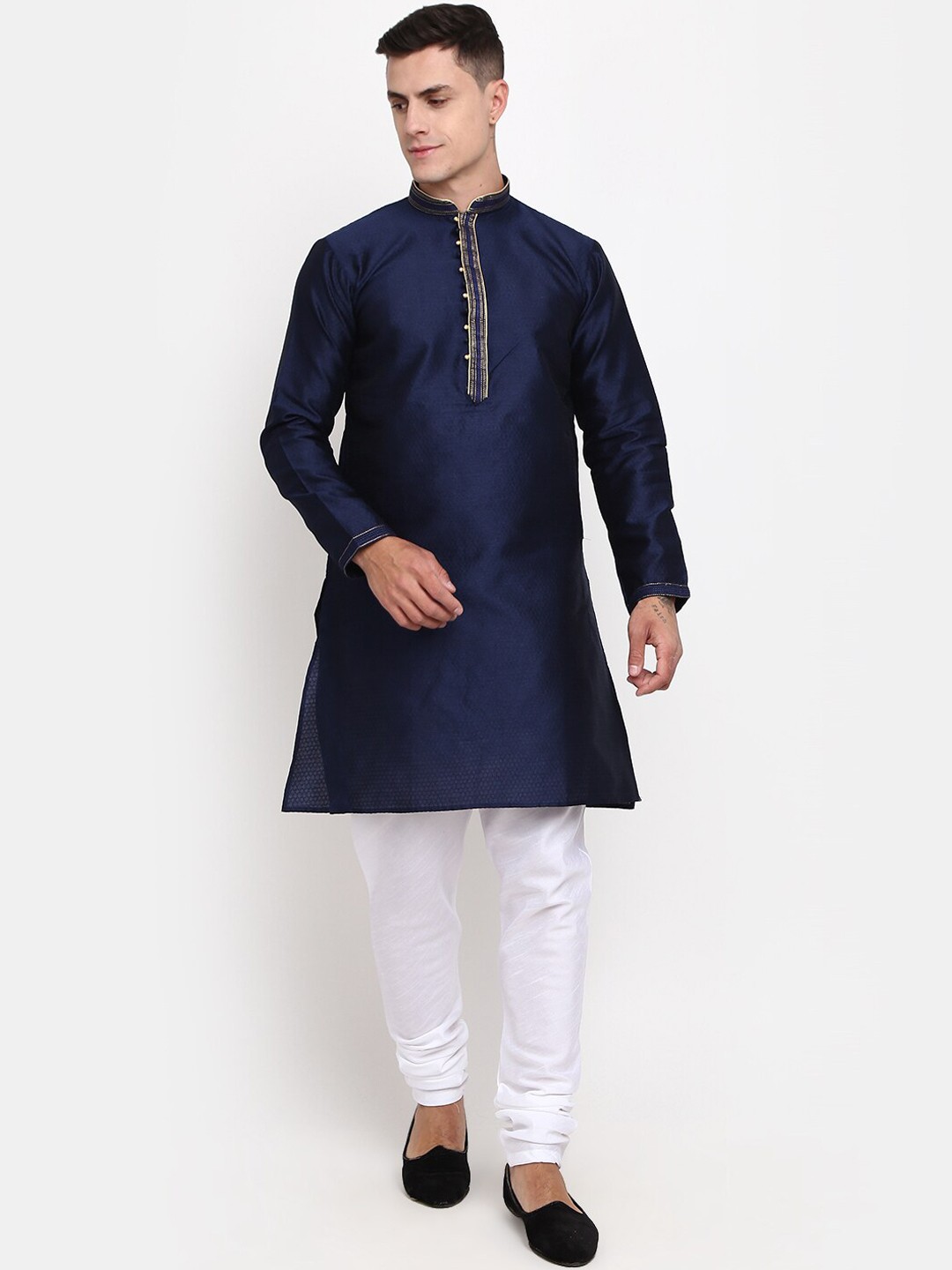 

V-Mart Ethnic Motif Woven Design Mandarin Collar Jacquard Pure Cotton Kurta with Churidar, Navy blue