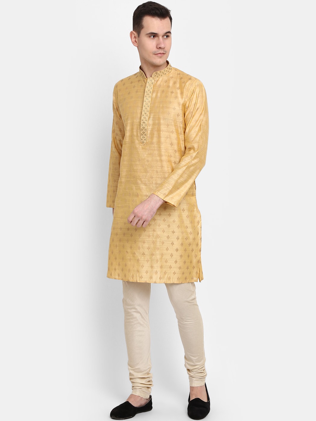 

V-Mart Ethnic Motif Self Design Mandarin Collar Pure Cotton Kurta with Churidar, Yellow