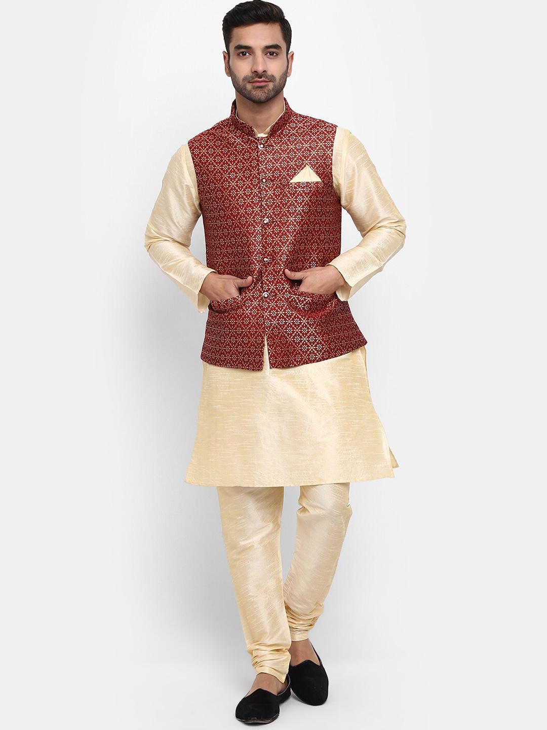 

V-Mart Mandarin Collar Jacquard Pure Cotton Kurta with Churidar & Nehru Jacket, Maroon