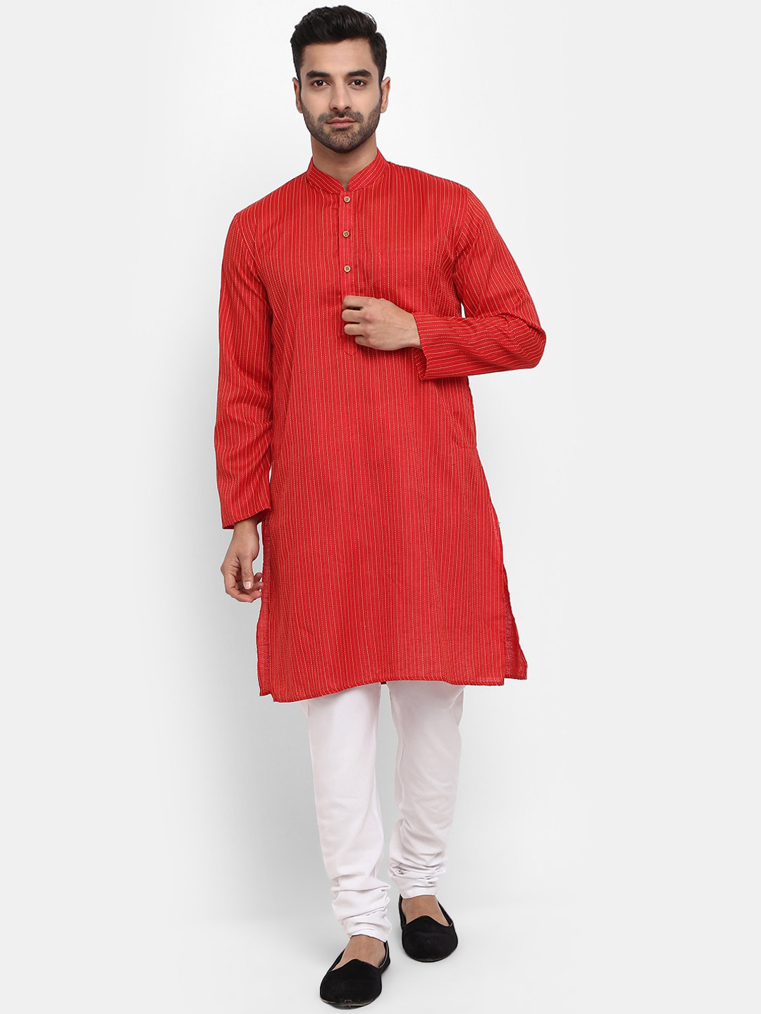 

V-Mart Striped Mandarin Collar Kurta with Churidar, Red