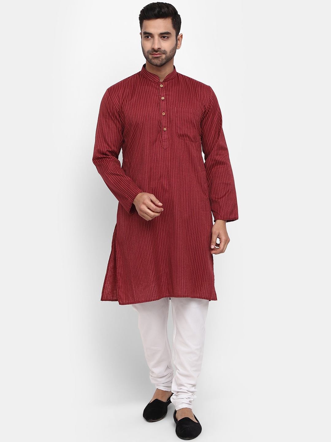 

V-Mart Mandarin Collar Striped Pure Cotton Kurta with Pyjamas, Maroon