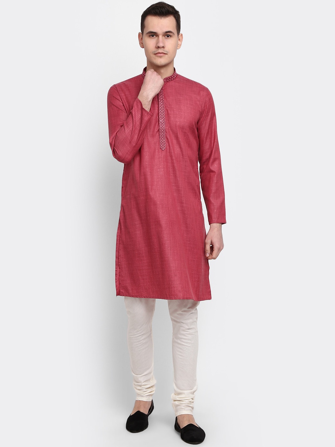 

V-Mart Mandarin Collar Dobby Woven Design Thread Work Pure Cotton Kurta with Churidar, Pink