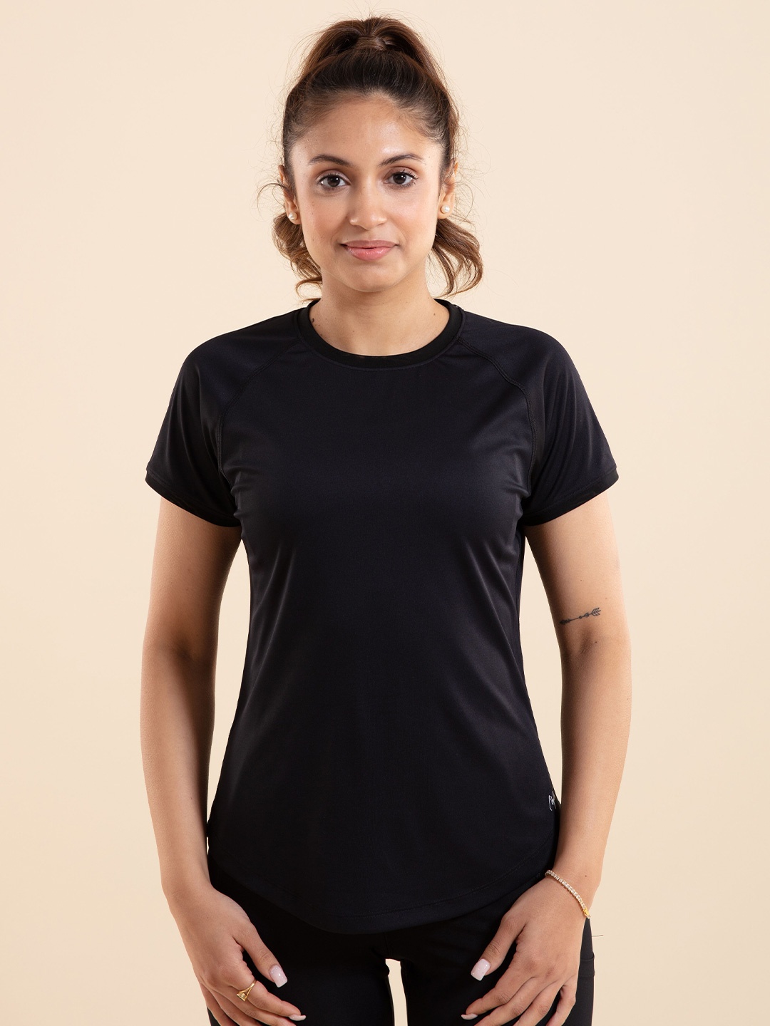 

Nykd Women Regular Raglan Sleeves Cotton Active Sports T-Shirt, Black