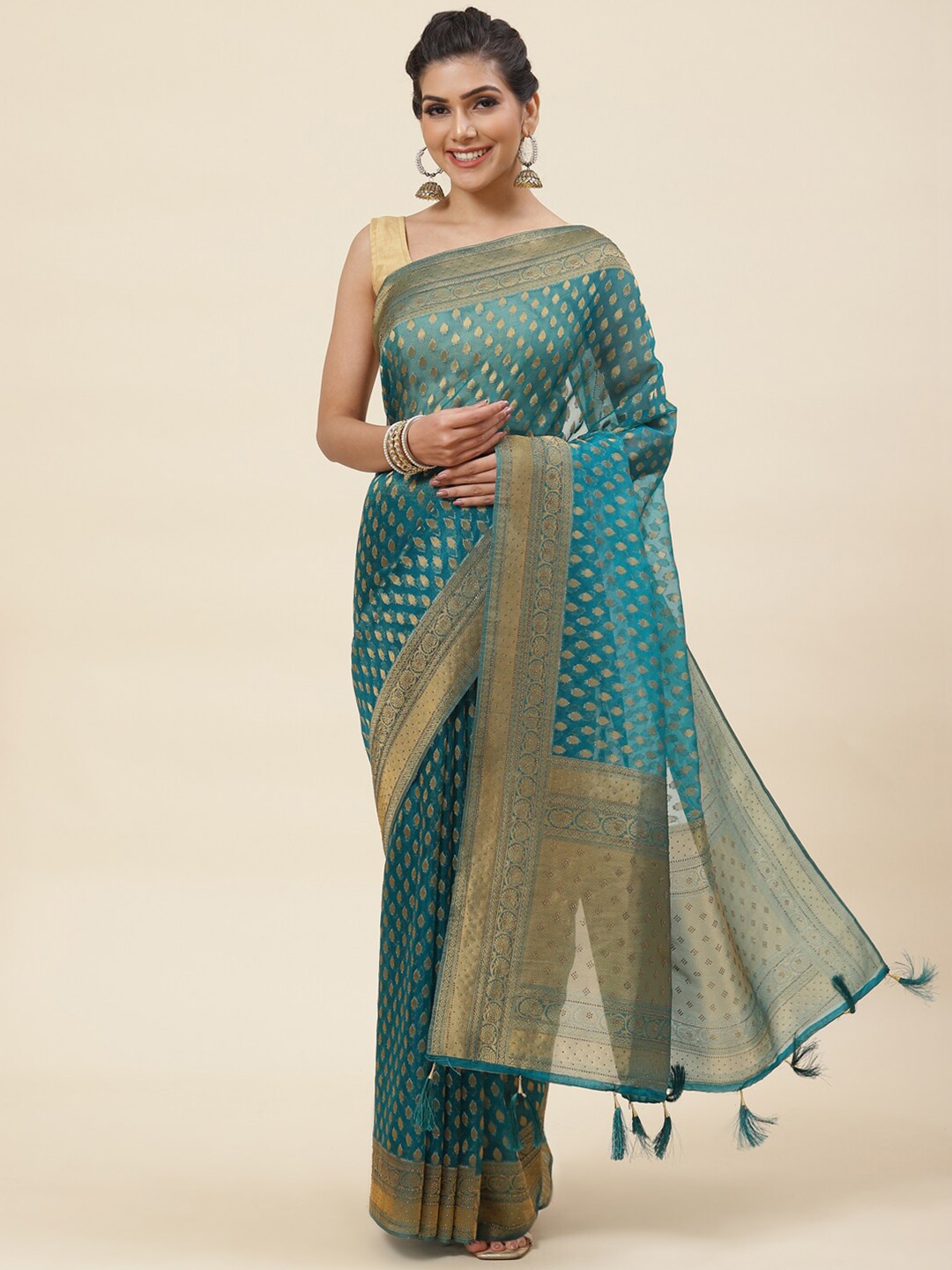 

Meena Bazaar Woven Design Zari Organza Saree, Blue