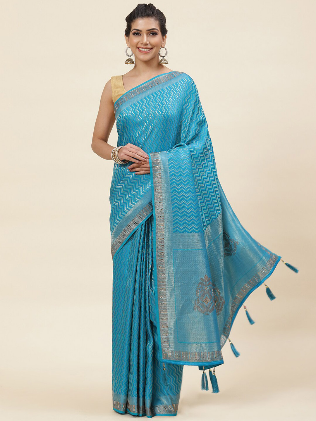 

Meena Bazaar Geometric Woven Design Beans And Stones Zari Saree, Blue