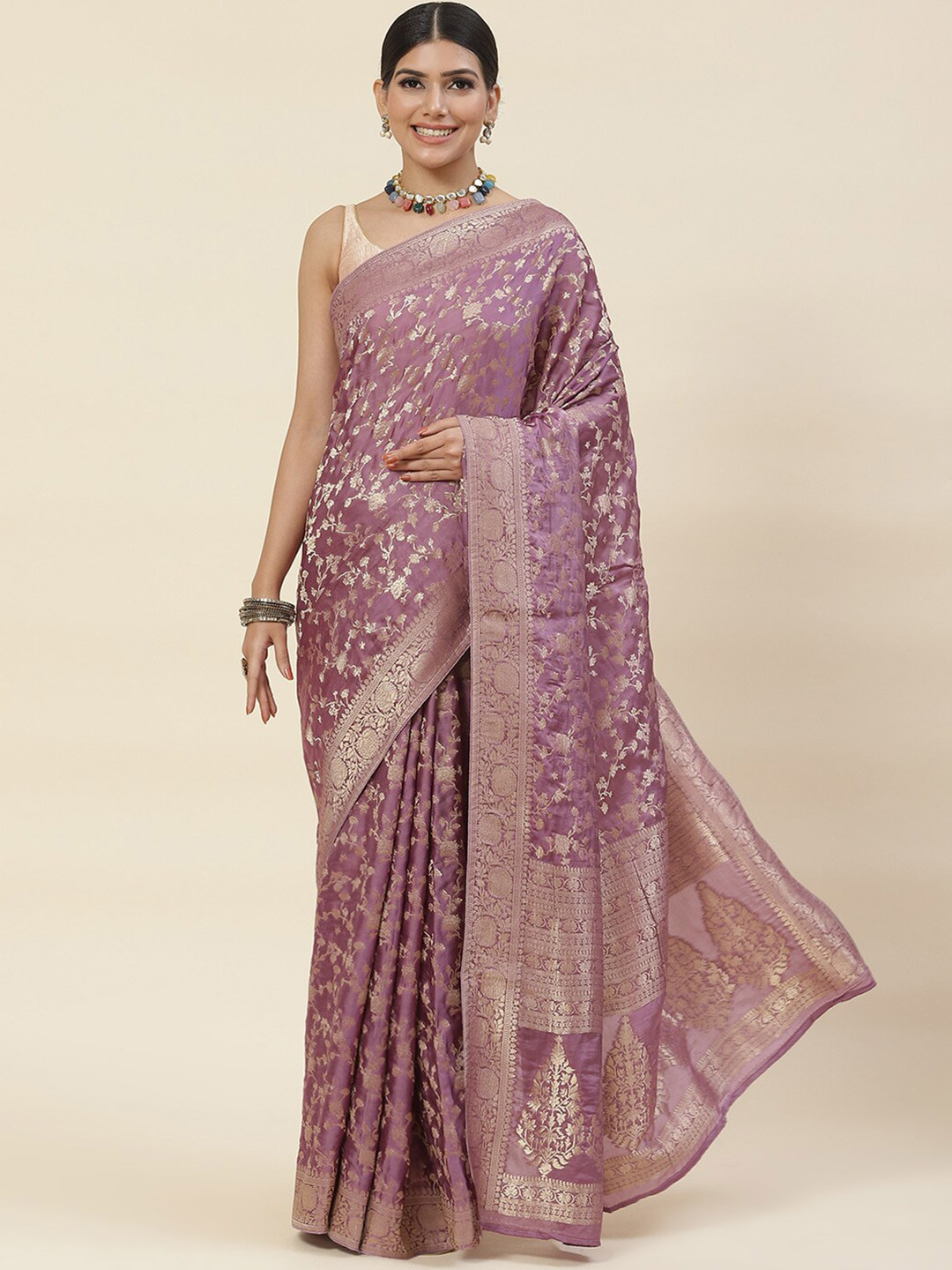 

Meena Bazaar Ethnic Motifs Woven Design Zari Satin Saree, Lavender