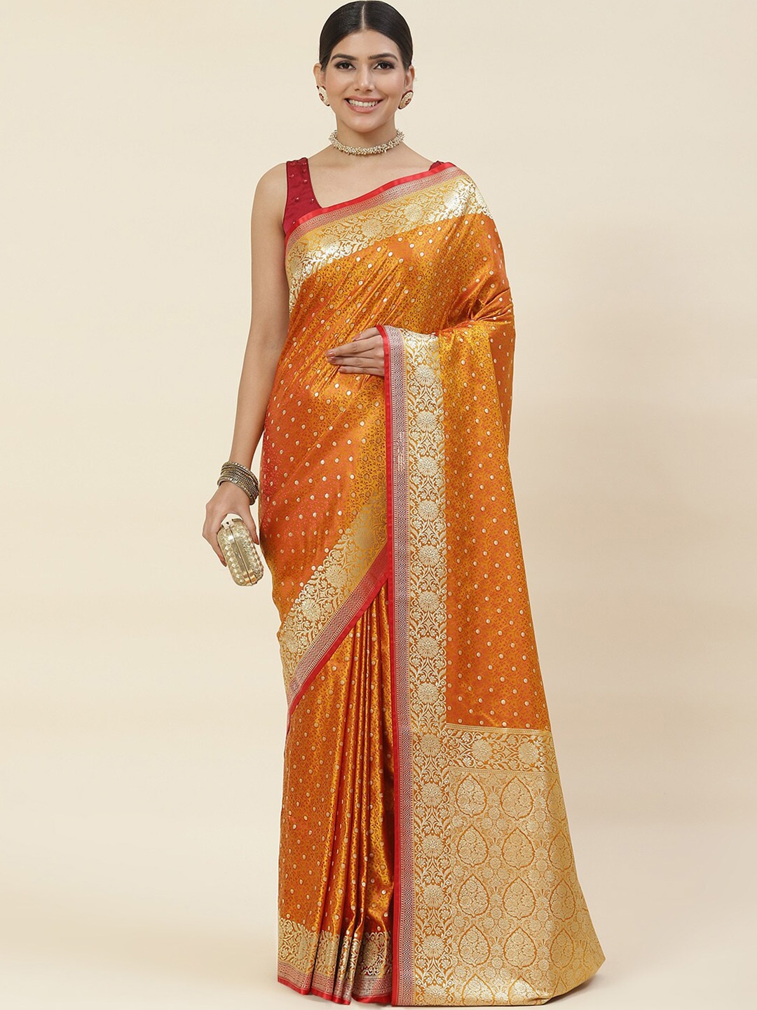

Meena Bazaar Floral Woven Design Zari Pure Silk Banarasi Saree, Mustard