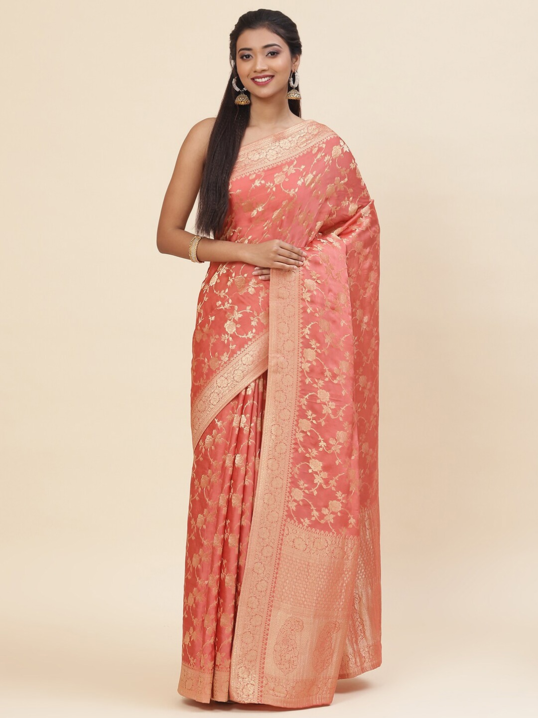 

Meena Bazaar Floral Woven Design Zari Organza Saree, Peach