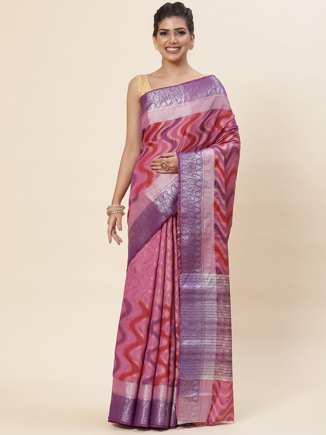 

Meena Bazaar Abstract Woven Design Zari Saree, Purple