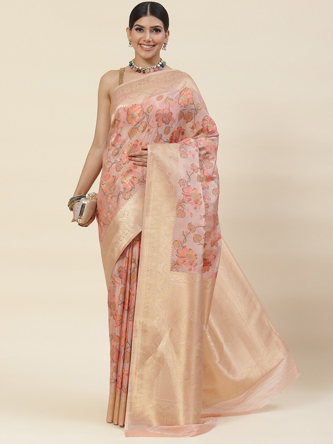 

Meena Bazaar Floral Woven Design Zari Organza Saree, Pink