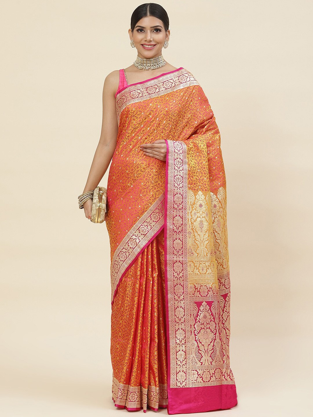 

Meena Bazaar Ethnic Motifs Woven Design Zari Pure Silk Banarasi Saree, Mustard