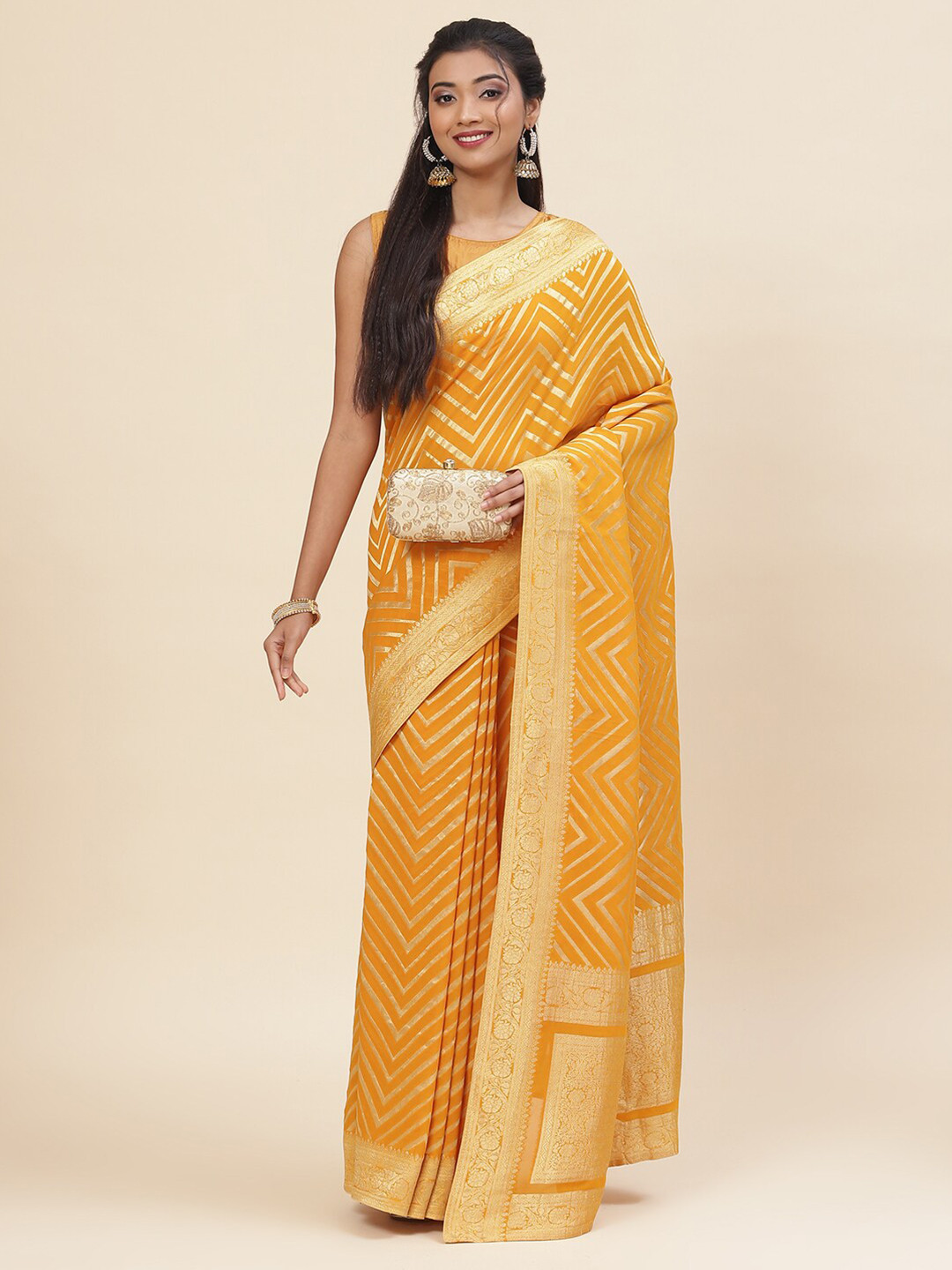

Meena Bazaar Geometric Woven Design Zari Saree, Mustard